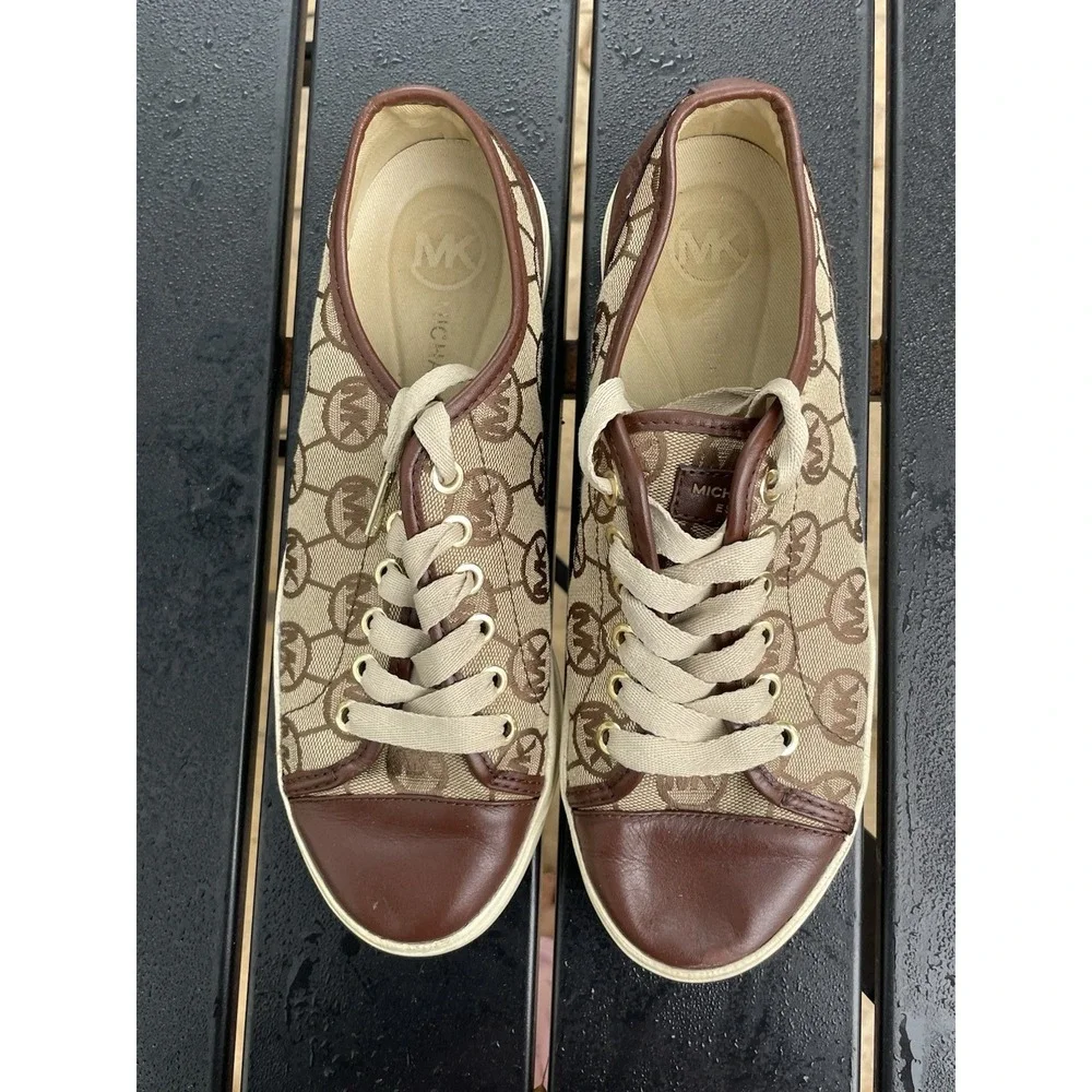 Michael Kors Womens MK Monogram Logo Low Top Sneakers Brown Tan Leather Trim‎